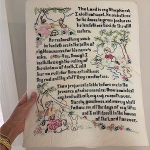 Large Vintage cross stitch embroidery crewel of the Lord’s Prayer.
